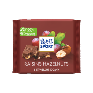 Chocolate Ritter Sport con Leche, Avellanas y Pasas