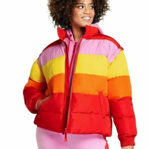Chamarra acolchada con bloques de colores para mujer Red/Amarillo/Naranja/ talla XS