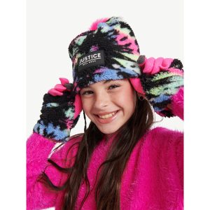 Paquete de gorro con pom para niñas y guantes afelpados talla única -Justice